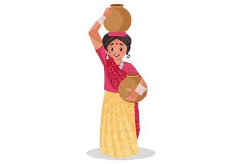 Best Premium Rajasthani Woman Carrying Clay Water Pots Illustration