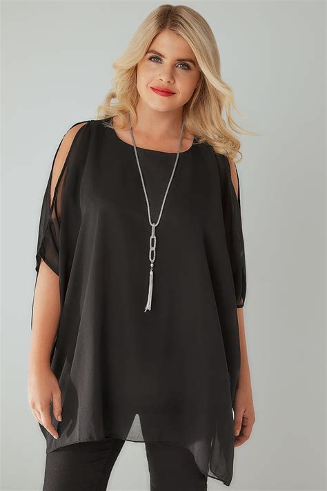 Black Cold Shoulder Chiffon Top With Batwing Sleeves Plus Size 16 To 36