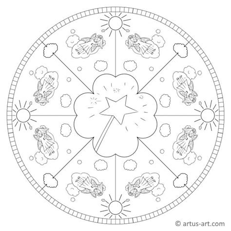 Traumhafte schöne fee mit wunderschönen großen flügeln und einem sehr süßen lächeln als kostenlose mandala malvorlage. Fee im Himmel Mandala » Gratis Ausdrucken & Ausmalen » Artus Art