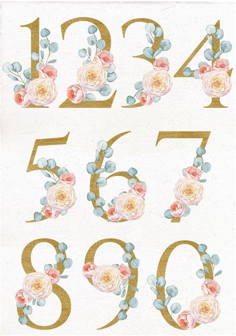 Watercolor Floral Golden Number Clip Art Digital Wedding Etsy Clip