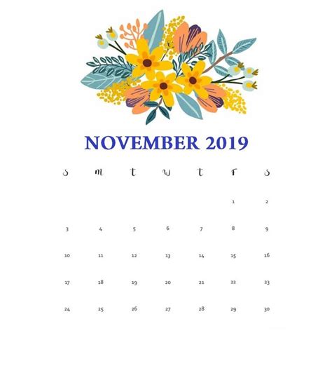 Printable November 2019 Floral Calendar Monthly Calendar Template