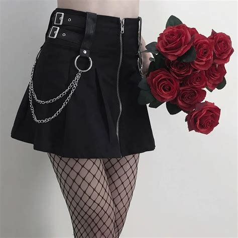 Skirts Women Dream Horse Goth Black Pleated Mini Skirt With Chain Punk