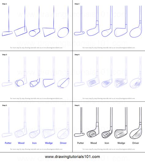 Golf ball is significantly larger. How to Draw Golf Clubs printable step by step drawing ...