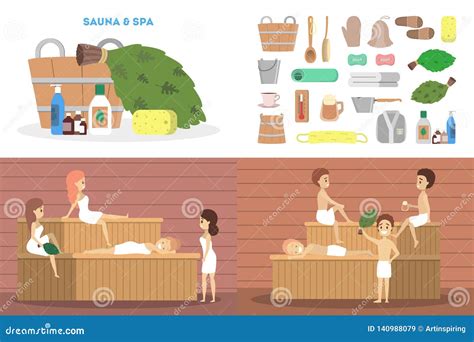 Sauna Set Wooden Bathhouse Stock Vector Illustration Of Branches Habbit