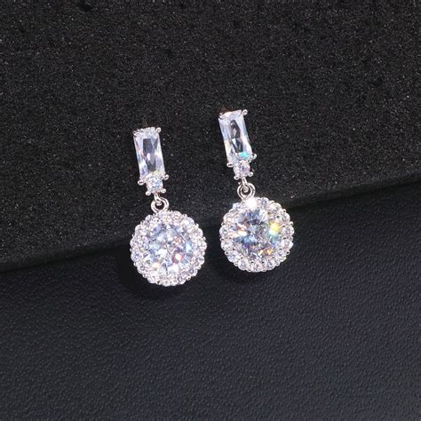 Classic Luxury Round Cubic Zircon Earrings For Women Bride Silver Color