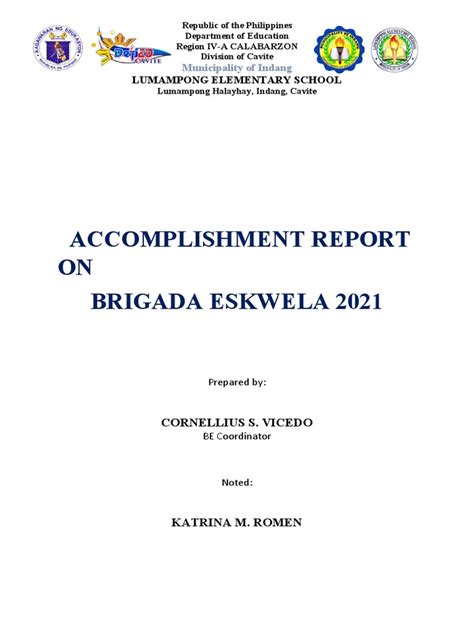 Accomplishment Report On Brigada Eskwela 2021 Pdf Learning