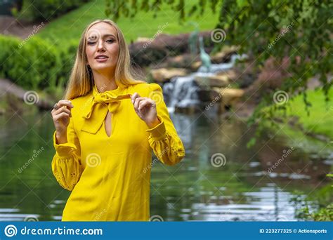 A Lovely Blonde Model Poses In Her Beautiful Fall Clothing Stock Image Image Of Happiness