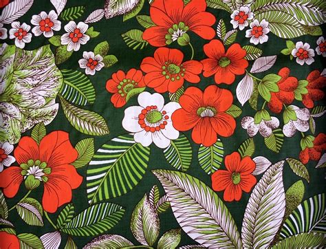 70s Vintage Fabric Retro Floral Print Scandinavian Design Green Orange