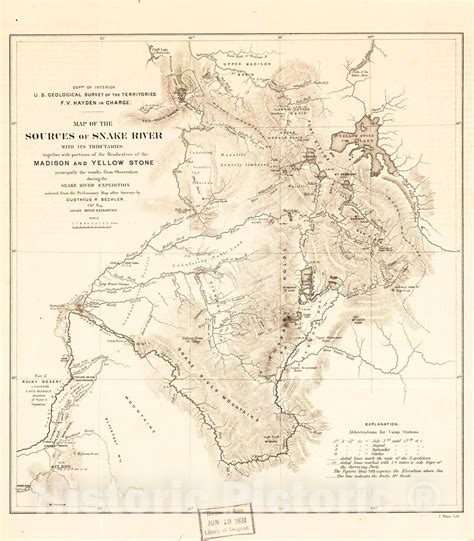 Historic 1870 Map Map Of The Sources Of Snake River With Its
