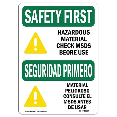 Osha Safety First Sign Hazardous Material Msds Bilingual Plastic