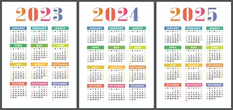 Calendar 2023 2024 And 2025 English Colorful Vector Set Vertical