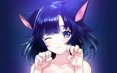 Wallpaper Anime Girl Cat Ears Neko Wink Blue Hair