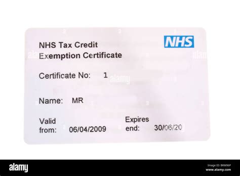 Close Up Of White Plastic Nhs Tax Credit Exemption Certificate Card