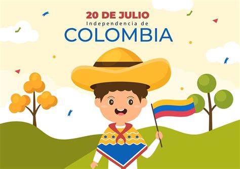 20 De Julio Independencia De Colombia Cartoon Illustration With Flags