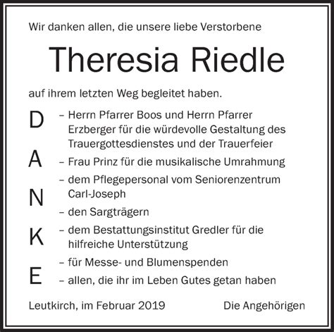 Traueranzeigen Von Theresia Riedle Schwaebische De Trauerportal