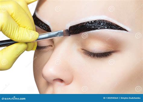 The Make Up Artist Applies A Paints Eyebrow Dye On The Eyebrows Of A