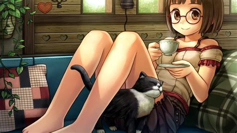 Wallpaper Cat Anime Girls Glasses Couch Cartoon Original