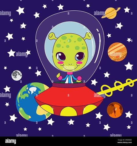 Cute Alien Flying On His Fast Space Ship Through Our Solar System Stock