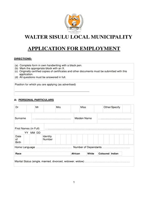 Walter Sisulu Local Municipality Job Application Form Fill And