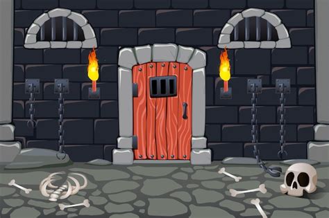 Premium Vector Cartoon Scary Dungeon With Torches And Human Bones