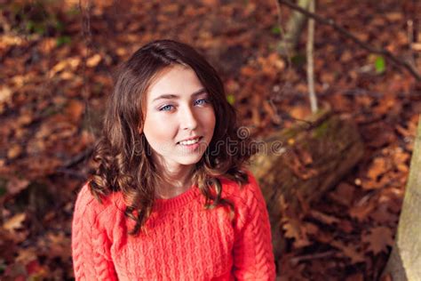 Portrait Of Young Smiling Girl In The Autumn Forest Stock Photo Image