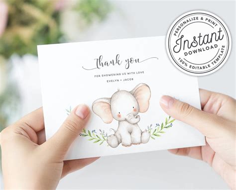 Baby Elephant Baby Shower Thank You Card Instant Download Etsy In