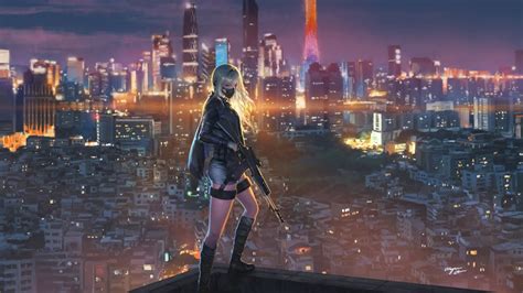 Anime Girl Rifle City Night 4k 188 Wallpaper
