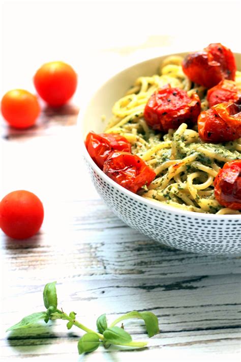 Roasted Garlic Pesto Spaghetti With Blistered Cherry Tomatoes Happy
