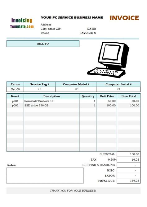 Bill Format For Computer Repair Service Invoice Template Computer