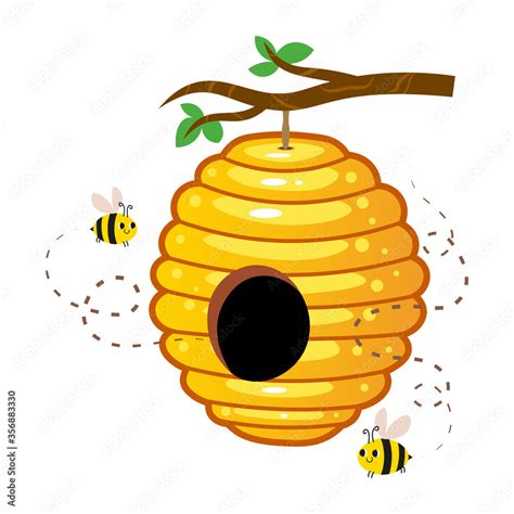 Yellow Honey Hive With Cute Bees Hanging On A Tree Branch Vector Image