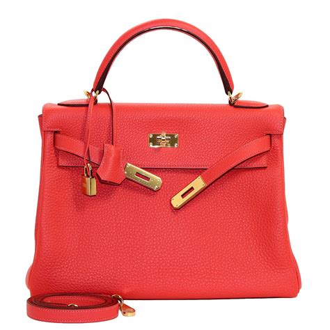 Hermes Kelly Bag In Rouge Pivoine Clemence Red Leather Ghw 32 Cm Size