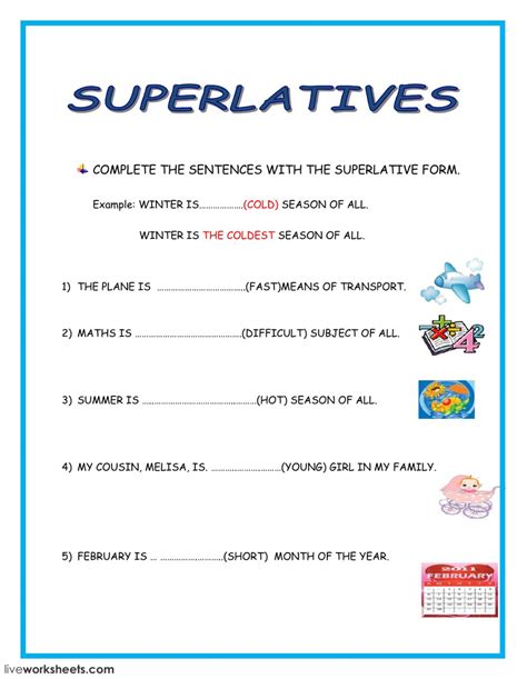 Free interactive exercises to practice online or download as pdf to print. Superlatives Interactive worksheet