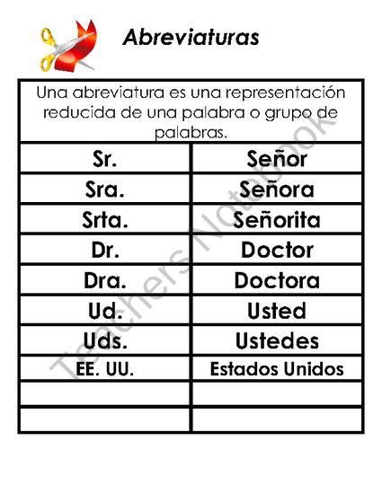 Abreviaturas Abbreviations Spanish From Maria Luna On Teachersnotebook