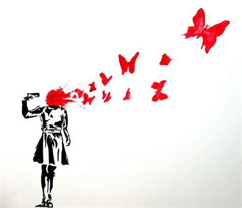 Banksy Girl With Butterflies Red Poster Girl Painting By Chapman
