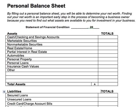Personal Balance Sheet Template Business