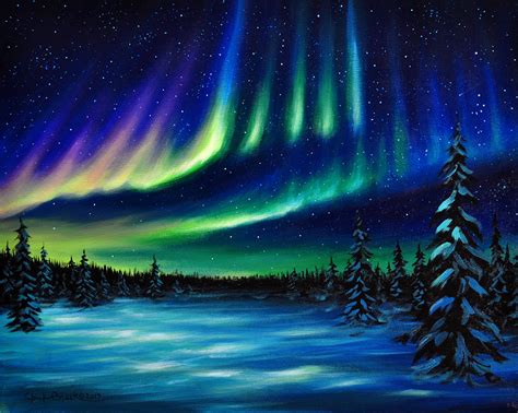 Original Art Northern Lights Landscape Painting Canvas Signed By