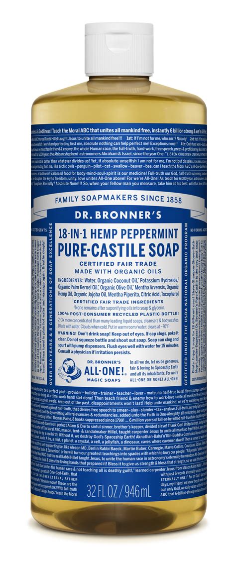 Dr Bronners Peppermint Pure Castile Liquid Soap 32 Oz