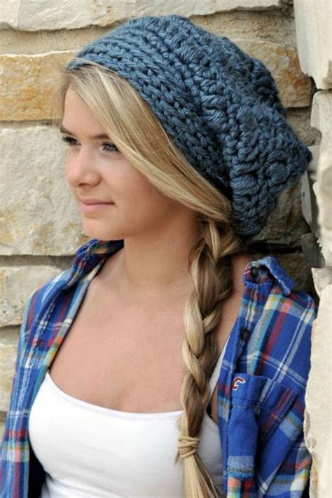 Womens Hats Slouch Beanies For Teenage Girl In Denim Blue Chunky Beanie