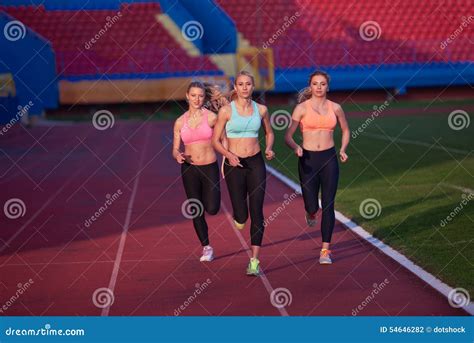 Athlete Woman Group Running On Athletics Race Track Stock Photo Image