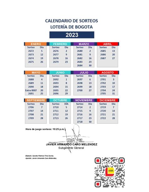 Calendario De Sorteos Lotería De Bogotá