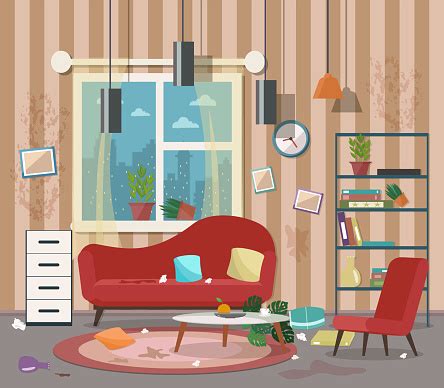 Living room with armchair and book shelves. Dirty Cluttered Messy Living Room Stock Illustration ...