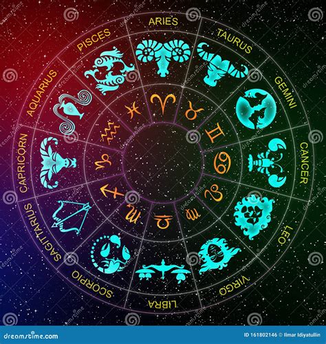 Astrological Circle Of 12 Zodiac Signs On The Background Of Space Stock