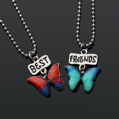 2pcsset Cute Best Friend Necklace Silver Tone Chain Butterfly Rhinestone Pendants Necklace Bff