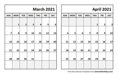 Print March April 2021 Calendar Template 2 Month Calendar Calendar
