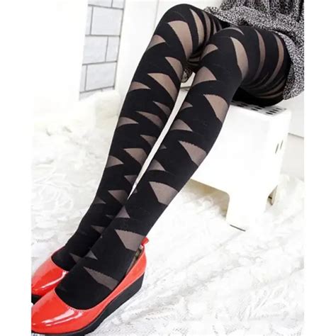 women sexy pantyhose black ripped stretch vintage leggings cross striped women thigh stockings
