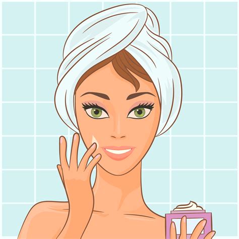 Girl Puts Cosmetic Cream On Her Face 2242800 Vector Art At Vecteezy