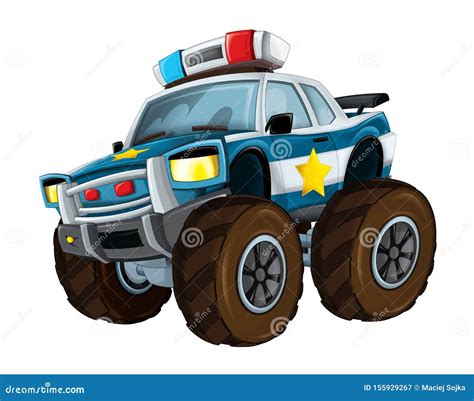 Cartoon Happy And Funny Off Road Police Car Looking Like Monster Truck
