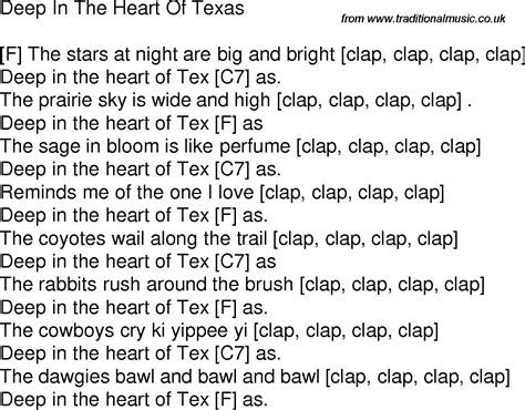 Old Time Song Lyrics With Guitar Chords For Deep In The Heart Of Texas F