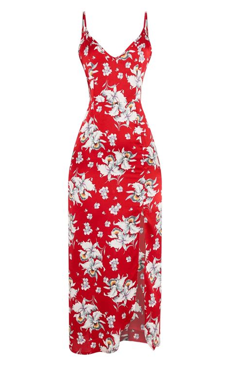 Red Floral Satin Midi Slip Dress Dresses Prettylittlething Uae