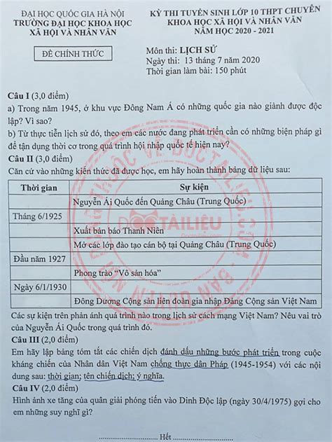 Kì thi tuyển sinh vào lớp 10 trường thpt chuyên sư phạm vào 2 đợt. Đề thi tuyển sinh vào lớp 10 môn Sử năm 2020 Chuyên KHXH&NV